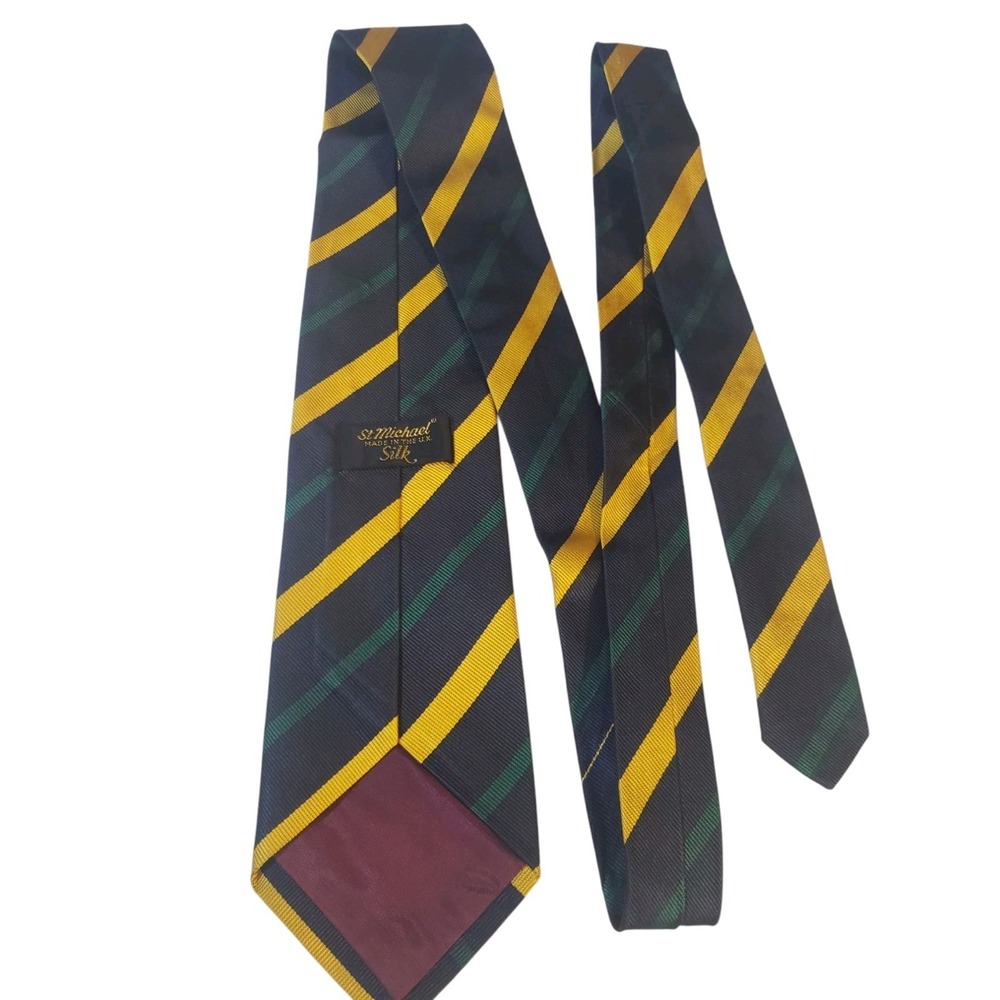 St. Michael Mens REPP Tie Necktie‎ Designer Luxury Navy Yellow Green Striped